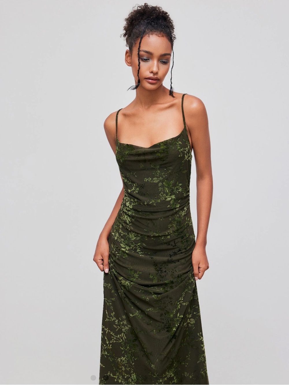 NWT Olive Green Floral Slip Dress with Cowl Neck - Picture 1 of 5